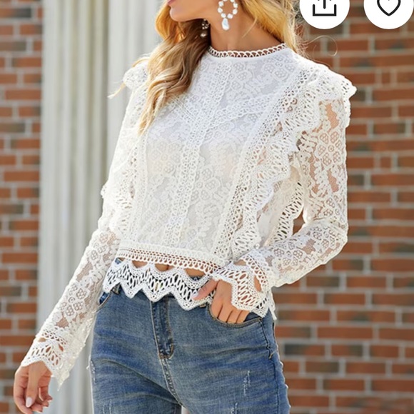 White Lace Blouse Mock Neck sz S - Picture 3 of 14